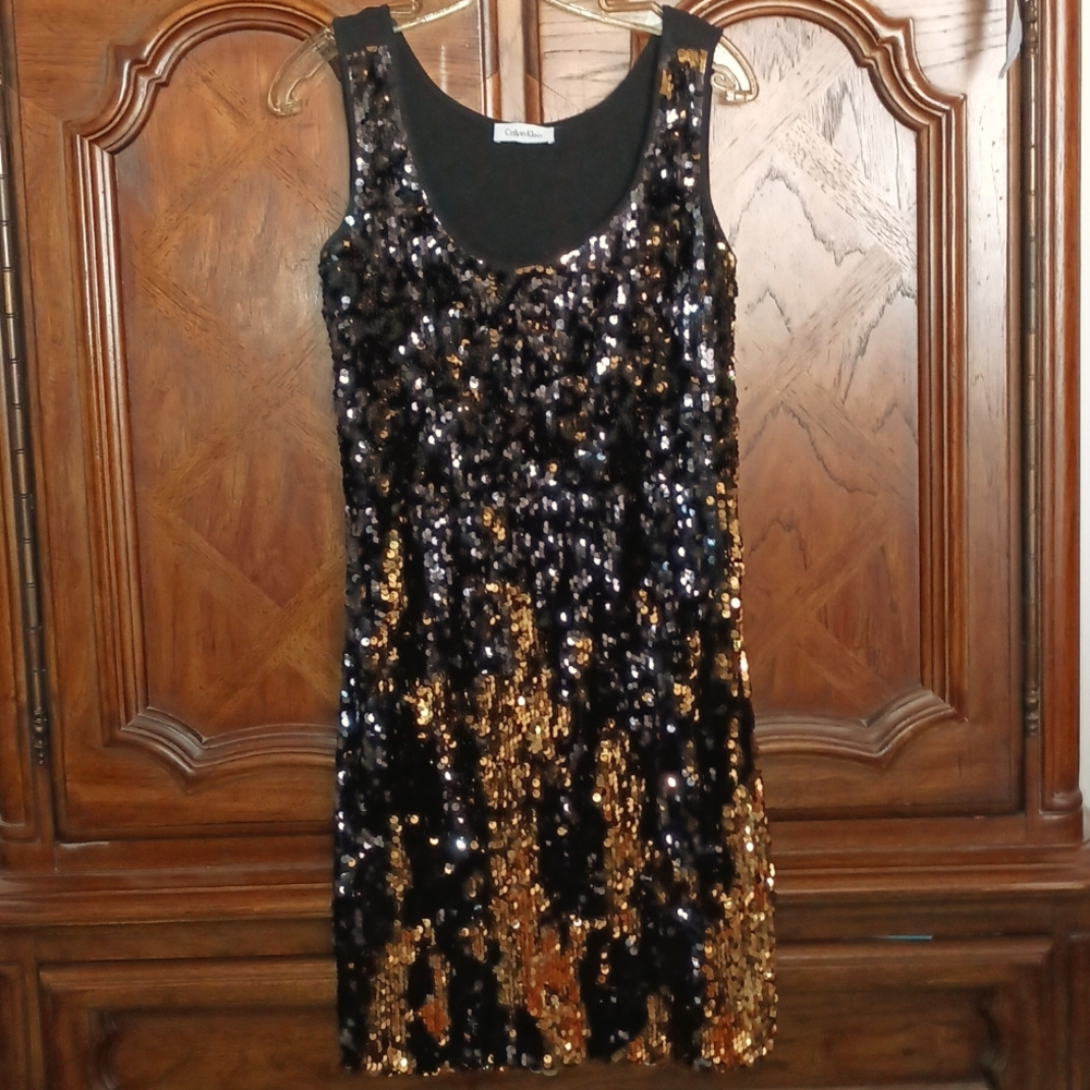 Calvin Klein Black & Gold Sequinned Sleeveless Tank Dress Size Petite